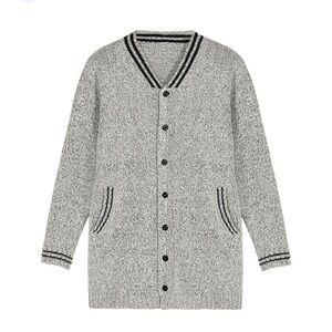 Preppy Gray & Black Button Down Knit Cardigan Sweater three-quarter inch sleeves